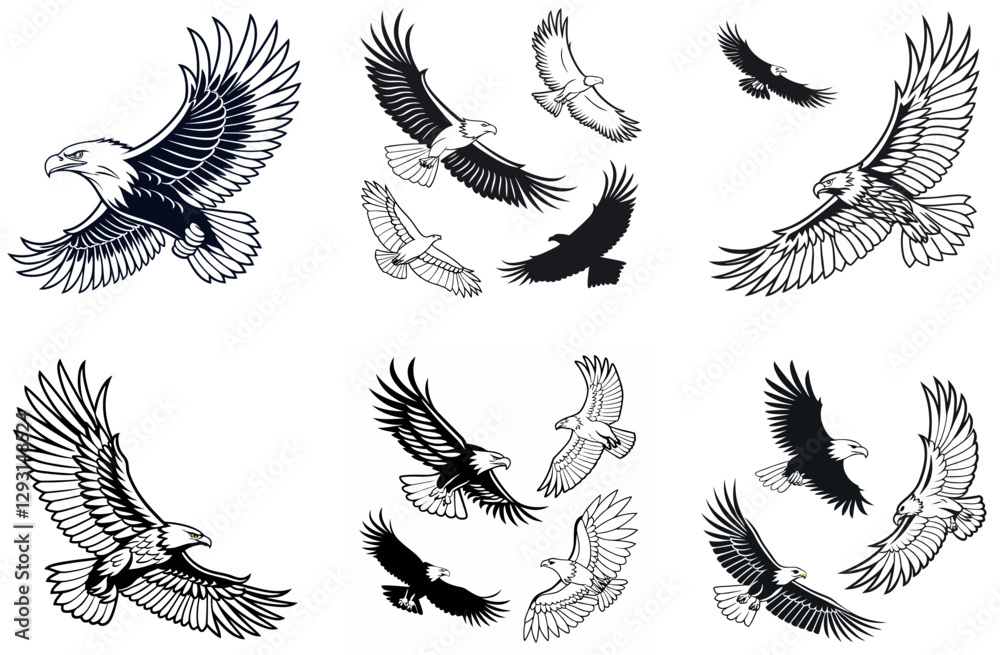 Minimalist Line Art Eagle Silhouette – Powerful Bird of Prey Vector for Logos and Prints. 24 set bundle, Minimalist Line Art Eagle Silhouette – Powerful Bird of Prey Vector for Logos and Prints. 24 set bundle,