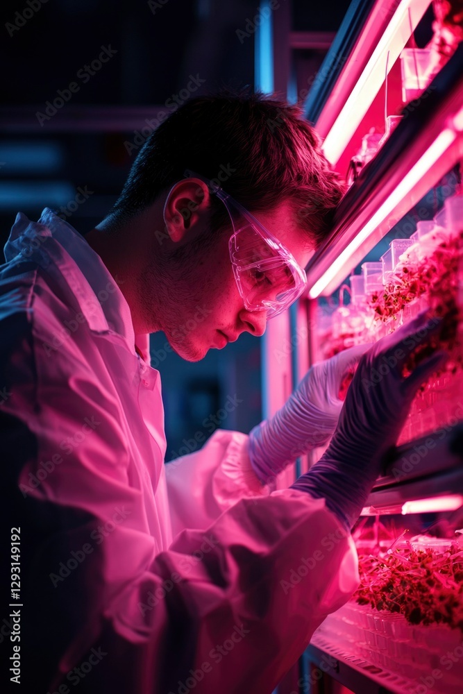 Fototapeta premium Scientist examines plants in illuminated lab at night