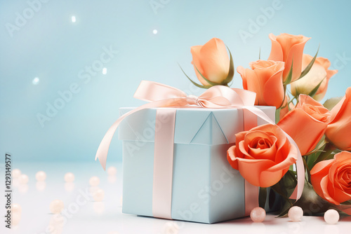 close up, light purple box, tied with a bow, pink satin ribbon, orange roses, light pink background, festive background, gift