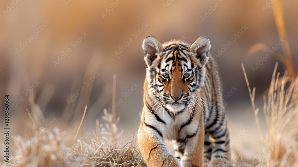 Obraz premium A playful tiger cub pounces on its mother's tail.