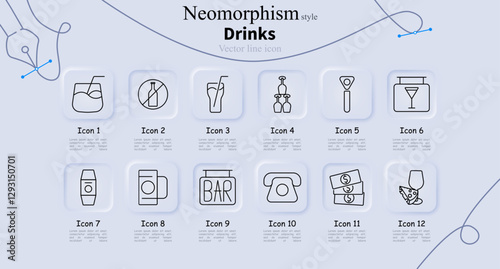 Drinks set icon. Cocktail, no alcohol, juice, bottle stand, opener, bar counter, thermos, beer mug, bar sign, telephone, money, wine with cheese