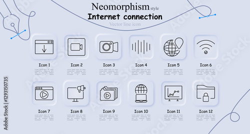 Internet connection set icon. Download, webcam, camera, audio waves, global location, wifi, video player, advertisement, video folder, global connection, analytics, file security