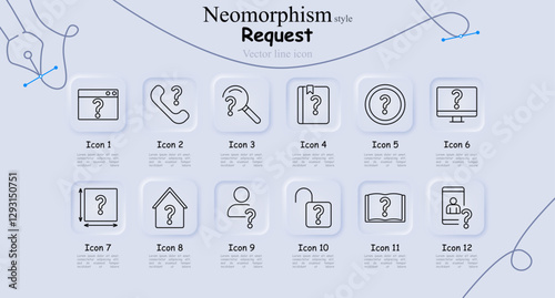 Request set icon. Webpage question, phone call, search, book, magnifier, computer, dimensions, house, user, lock, open book, profile check.
