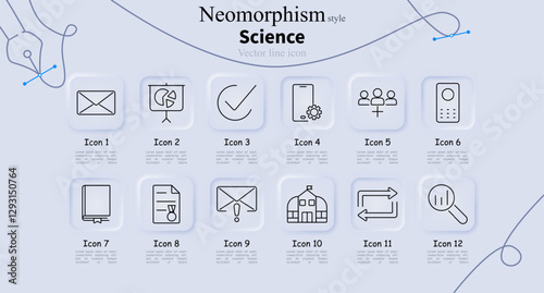 Science set icon. Email, statistics, checkmark, smartphone settings, group, mobile, book, diploma, warning email, school, data exchange, research.