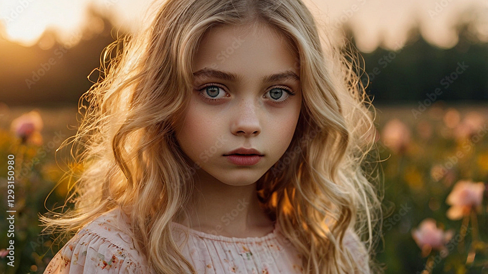 A warm portrait of a beautiful curly-haired woman in a blooming field at sunset. Romantic, calm and sensual photo of a girl in a delicate dress. A warm portrait of a beautiful curly-haired woman in a blooming field at sunset. Romantic, calm and sensual photo of a girl in a delicate dress.