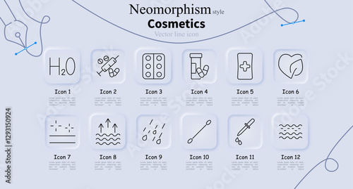 Cosmetics set icon. Water formula, syringe, pills, capsules, medical patch, eco health, skin cleansing, hydration, rain effect, cotton swab, dropper, skincare layers.