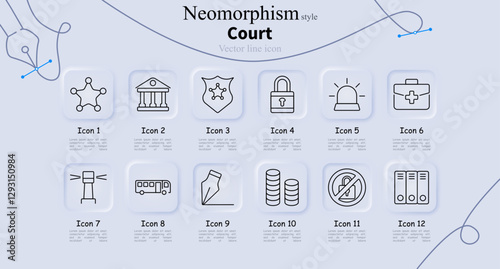 Court set icon. Police badge, courthouse, security shield, lock, siren, first aid kit, watchtower, prisoner transport, legal writing, finance, prohibition, legal files