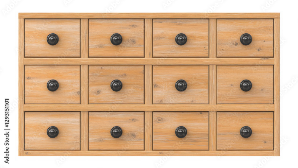 Fototapeta premium Minimalist Wooden Drawer Cabinet with Smooth Matte Finish and Black Knobs