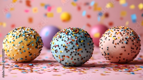 Colorful sprinkle balls on pink backdrop