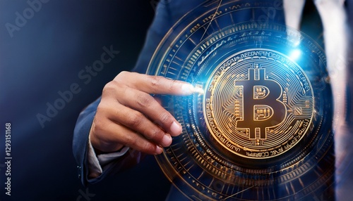 Financial technology and graphics; bitcoins in display with graphics in the background; fintech and cryptocurrency; digital currency and futuristic finance photo