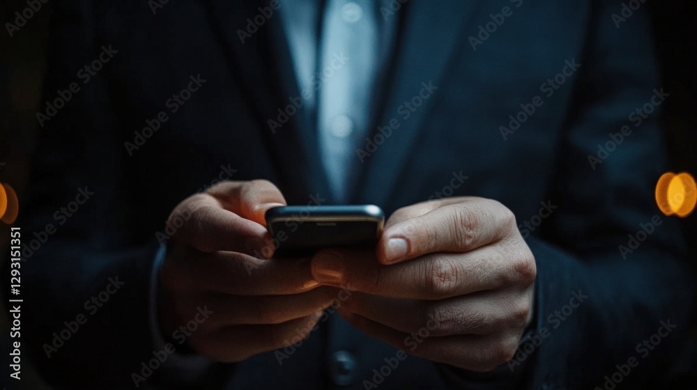 A Professional Middle-Aged Man in a Suit Holding a Smartphone in a Dimly Lit Urban Setting, Highlighting Modern Communication in Business Contexts A Professional Middle-Aged Man in a Suit Holding a Smartphone in a Dimly Lit Urban Setting, Highlighting Modern Communication in Business Contexts