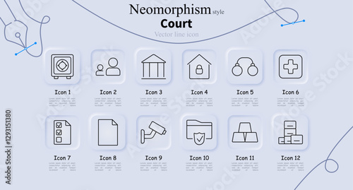 Court set icon. Safe, group, courthouse, locked home, handcuffs, medical cross, checklist, document, gavel, surveillance, security file, gold bars.
