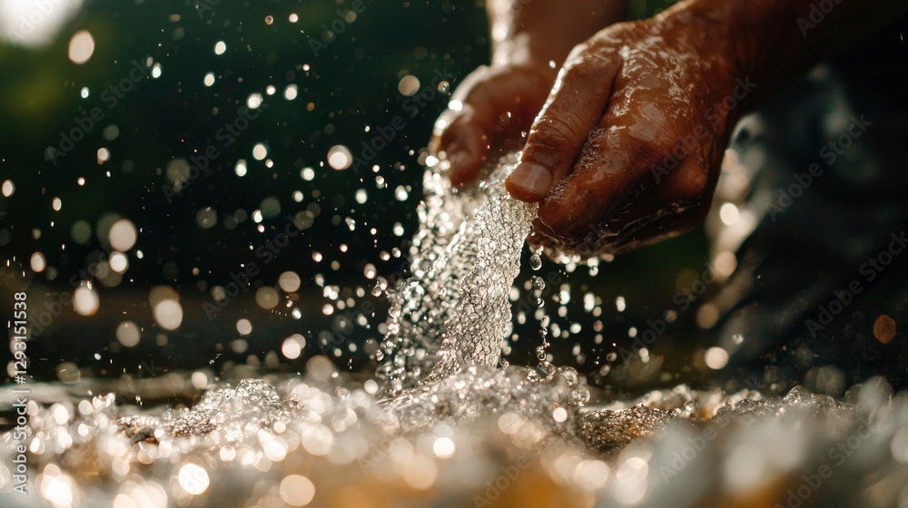 Fototapeta premium Hands Cupping Fresh Water in Sparkling Stream