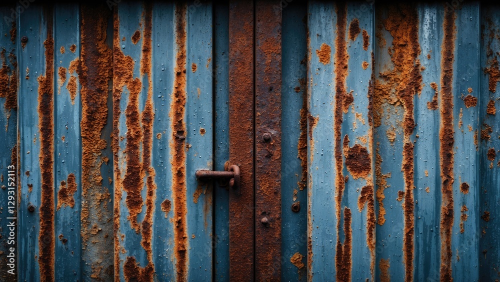 Weathered blue metal surface with rust and corrosion details on an old iron garage door, capturing industrial decay and texture. Weathered blue metal surface with rust and corrosion details on an old iron garage door, capturing industrial decay and texture.
