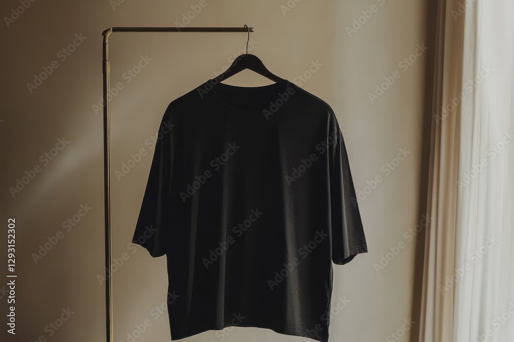 Minimalist black t-shirt displayed on a hanger in a softly lit room with neutral tones during daytime Minimalist black t-shirt displayed on a hanger in a softly lit room with neutral tones during daytime