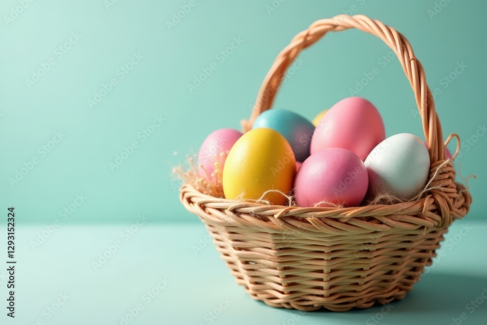 Pastel-colored eggs nestled in a woven basket, a springtime scene of festive joy and celebration Pastel-colored eggs nestled in a woven basket, a springtime scene of festive joy and celebration