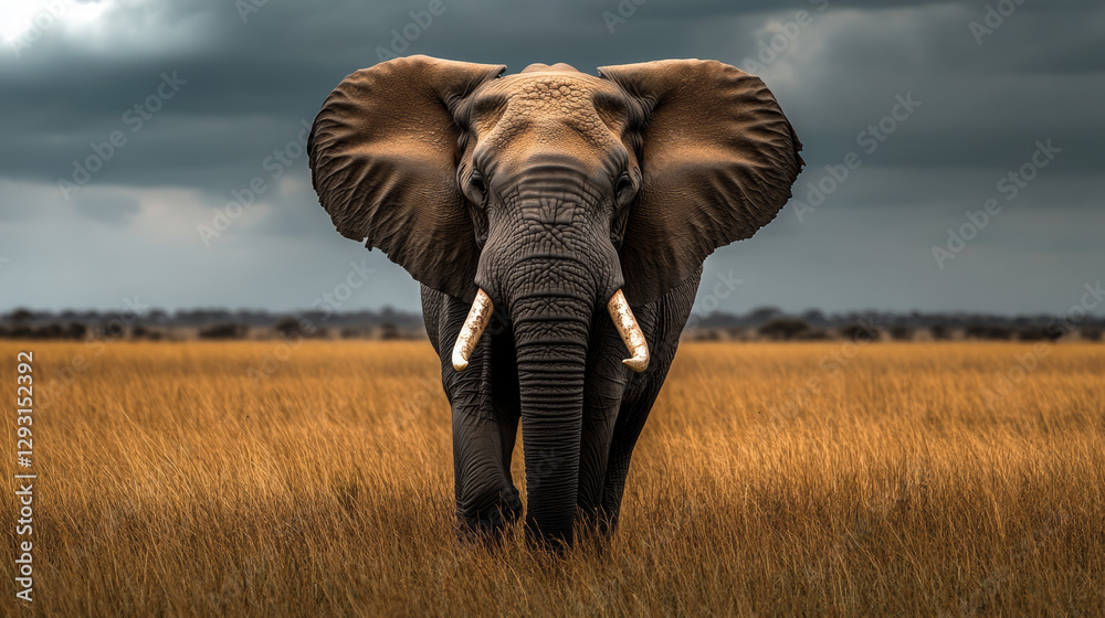 Naklejka premium Majestic African elephant standing in golden savanna with powerful tusks and wrinkled skin under dramatic stormy skies.