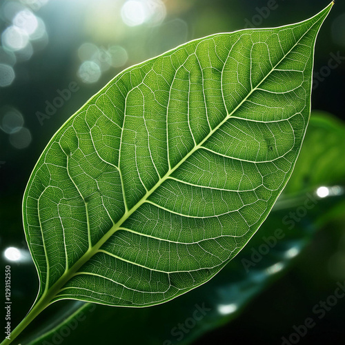una grande foglia verde con venature evidenti e una superficie leggermente bagnata. 