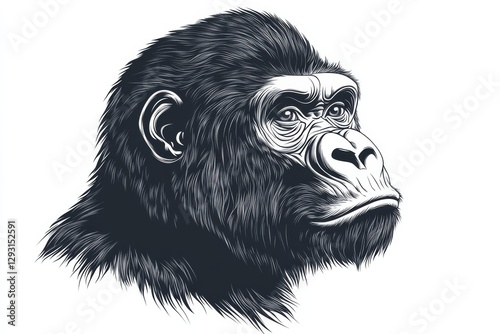 Gorilla head illustration captures the intricate details of this majestic primate with striking facial features and expressive gaze photo