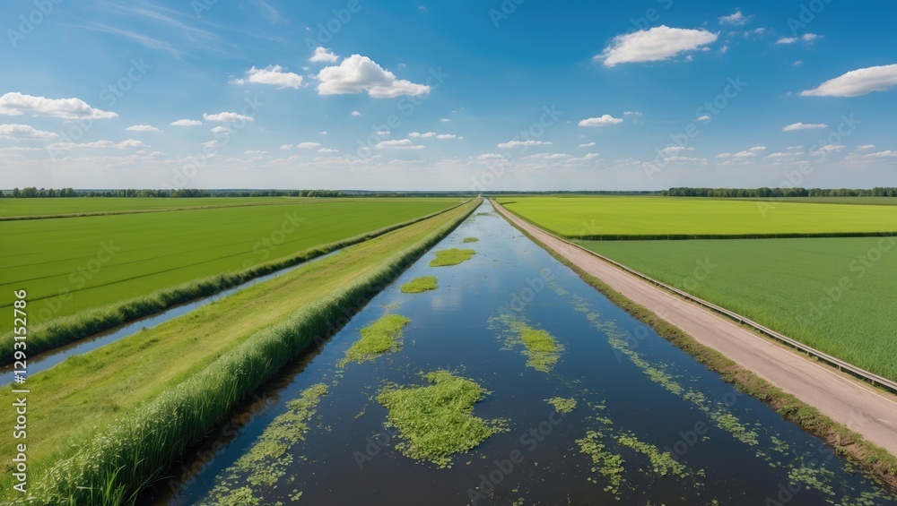 Naklejka premium Serene Summer Countryside with Lush Green Meadows and a Reflective Water Canal Under a Bright Blue Sky and Fluffy White Clouds