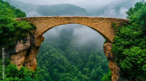 Ancient Stone Arch Bridge Over Misty Valley Landscape photo