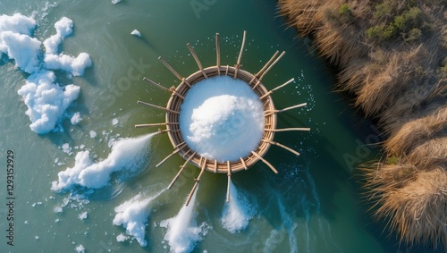 Aerial View of Salt Harvesting in Natural Environment Emphasizing Sustainability and Resourcefulness in Coastal Ecosystems