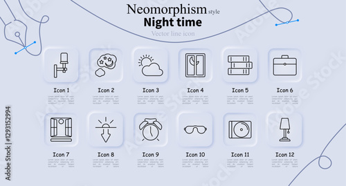 Night time set icon. Wall lamp, dream cloud, cloudy night, night window, book stack, briefcase, open curtains, sunset, alarm clock, sleeping mask, record player, bedside lamp.