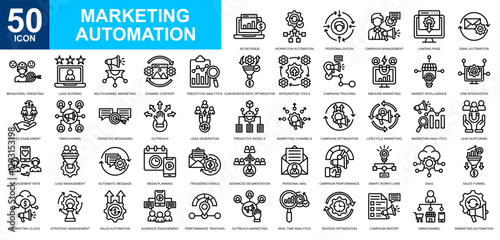 Marketing Automation icon collection set. Sales marketing, sales forecasting, stock market, market trends, campaign management icon. Simple line vector.