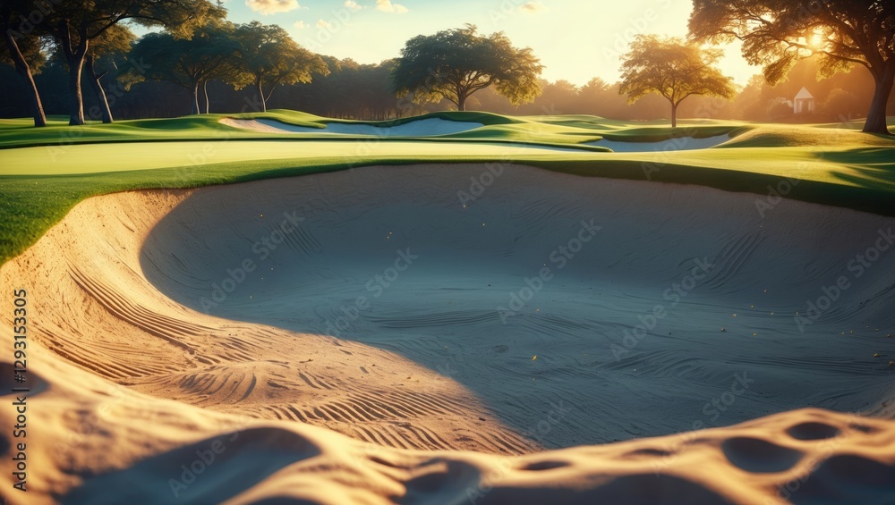 Fototapeta premium Sunny Golf Course Sand Bunker Surrounded By Lush Greenery And Tree Shadows Ideal For Advertising Golf Related Products Or Services