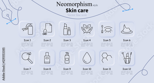 Skin care set icon. Lotion, skincare leaf, makeup set, hands protection, eye serum, face mask, water analysis, perfume, facial cleanser, hydration, chemical formula, cosmetic tools.