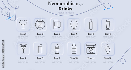 Drinks set icon. Wine glass, prohibition sign, beer mug, cognac glass, bottle, milkshake, cocktail, juice, smoothie, water bottle, coffee jar, flask.