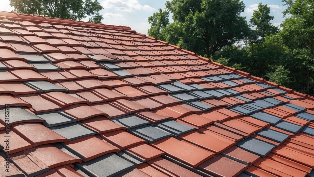 Roof tiles in a pattern showcasing sun protection and construction durability against outdoor elements. Roof tiles in a pattern showcasing sun protection and construction durability against outdoor elements.