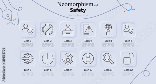 Safety set icon. User security, restriction, profile verification, warning sign, internet protection, identity scan, access key, shutdown, secure login, encryption, email protection, communication