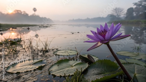 Tranquil Lotus Pond: A vibrant purple lotus flower in full bloom gracefully graces the foreground of a misty lake at dawn, reflecting the soft light.