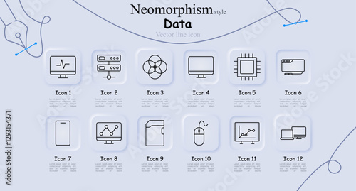 Data set icon. Monitoring, server, color balance, display, microchip, browser, smartphone, analytics, memory card, mouse, statistics, dual screen.