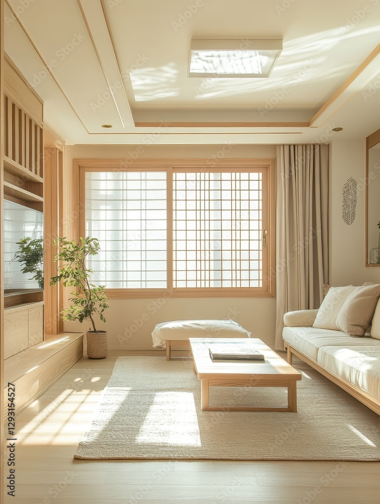 Fototapeta premium A comfortable light filled living room with interior design