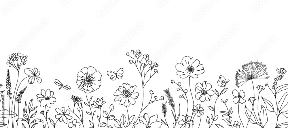 Fototapeta premium Spring and summer flower pattern seamless background vector. Hand drawn botanical floral line art, daisy, wildflower, eucalyptus leaves, butterfly. Design for wallpaper, banner, print, website. 