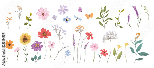 Collection of floral and botanical elements. Set of leaf, foliage wildflowers, plants, bloom, leaves and herb. Hand drawn of blossom spring season vectors for decor, website, wedding card and shop.