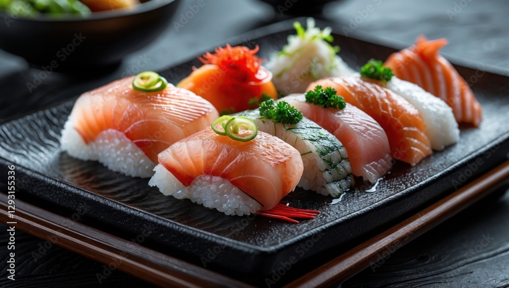 Colorful sushi platter featuring a variety of sashimi and sushi garnished with herbs served on a black ceramic plate in a dimly lit setting. Colorful sushi platter featuring a variety of sashimi and sushi garnished with herbs served on a black ceramic plate in a dimly lit setting.