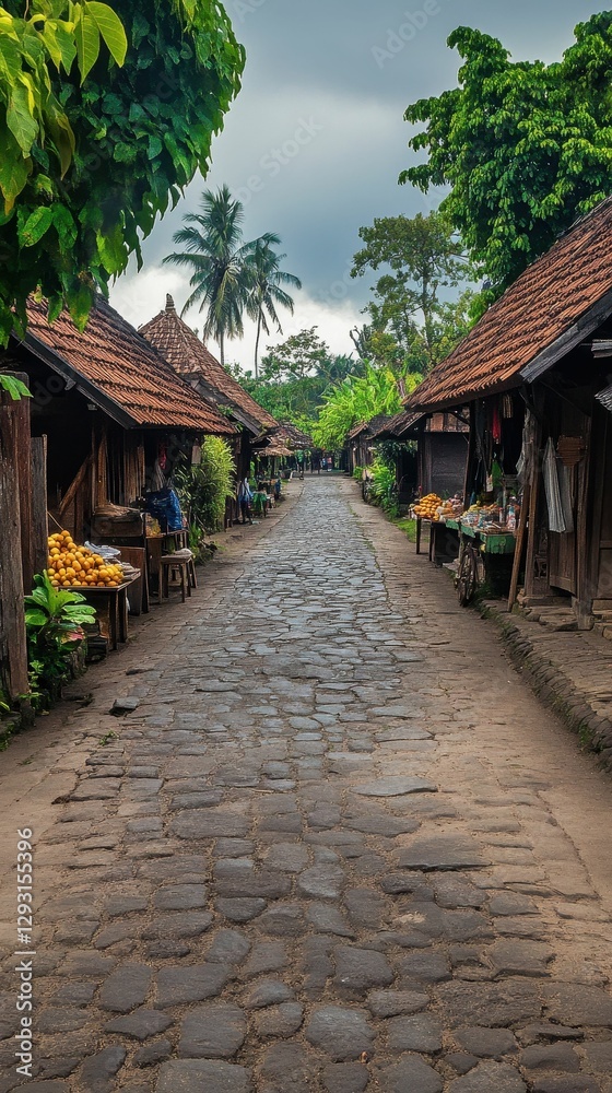 Stone street lined with rustic shops, lush vegetation.