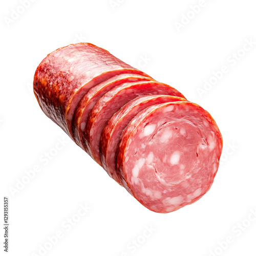 Sliced smoked sausage Andouille showing fine texture and marbling, isolated on white transparent background, concept of deli meat