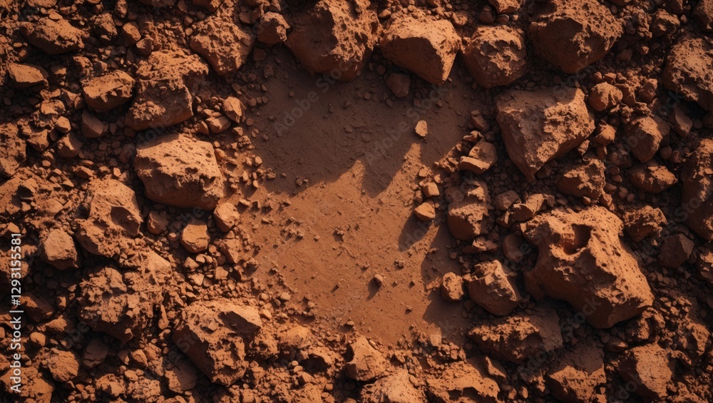Fototapeta premium Rough textured brown clay soil background illuminated by sunlight with rocks creating a natural earthy atmosphere for design projects.