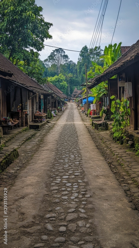 Stone road through village, rustic houses, lush greenery. Stone road through village, rustic houses, lush greenery.
