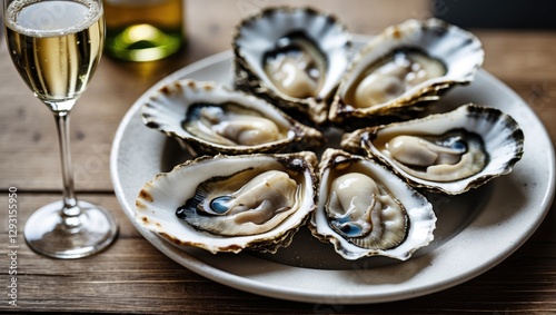 Elegant presentation of fresh sea oysters on a white plate accompanied by a glass of sparkling wine, perfect for gourmet dining.