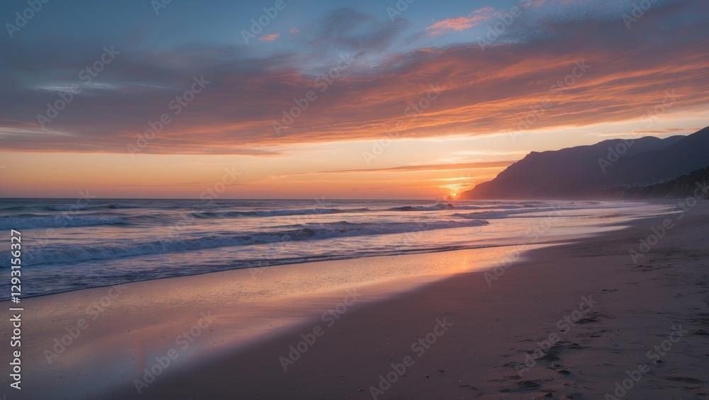 Sunset Over Tranquil Beach with Waves Gently Lapping Shoreline and Dramatic Clouds on the West Coast Sunset Over Tranquil Beach with Waves Gently Lapping Shoreline and Dramatic Clouds on the West Coast