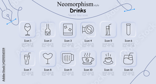 Drinks set icon. Wine glass, bubble tea, sparkling water, coffee beans, soda, test tube drink, juice with straw, margarita, beer mug, cappuccino, espresso, whiskey on the rocks.