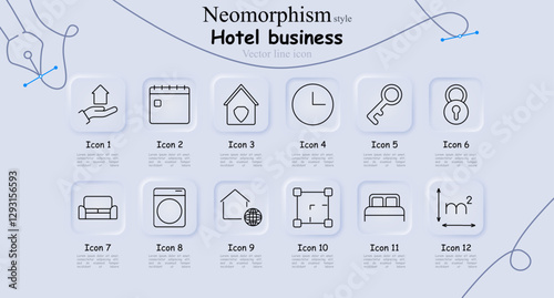 Hotel business icon. Property handover, reservation schedule, secure housing, clock, room key, lock security, sofa, washing machine, global real estate, property measurement, bedroom, square footage.
