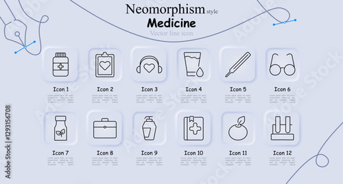 Medicine set icon. Medicine bottle, heart diagnosis, medical headset, hydration, thermometer, glasses, herbal medicine, first aid kit, sanitizer, medical book, natural remedy, test tubes.