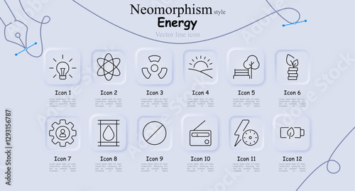 Energy set icon. Light bulb, atomic energy, radiation, sunrise, eco park, green growth, energy management, water supply, restriction, electric radio, power boost, eco battery.