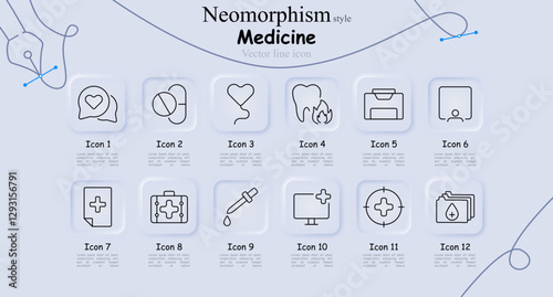 Medicine set icon. Heart conversation, pills, heart monitor, dental care, medical records, consultation, health document, first aid kit, liquid medicine, digital health, medical target, archive.